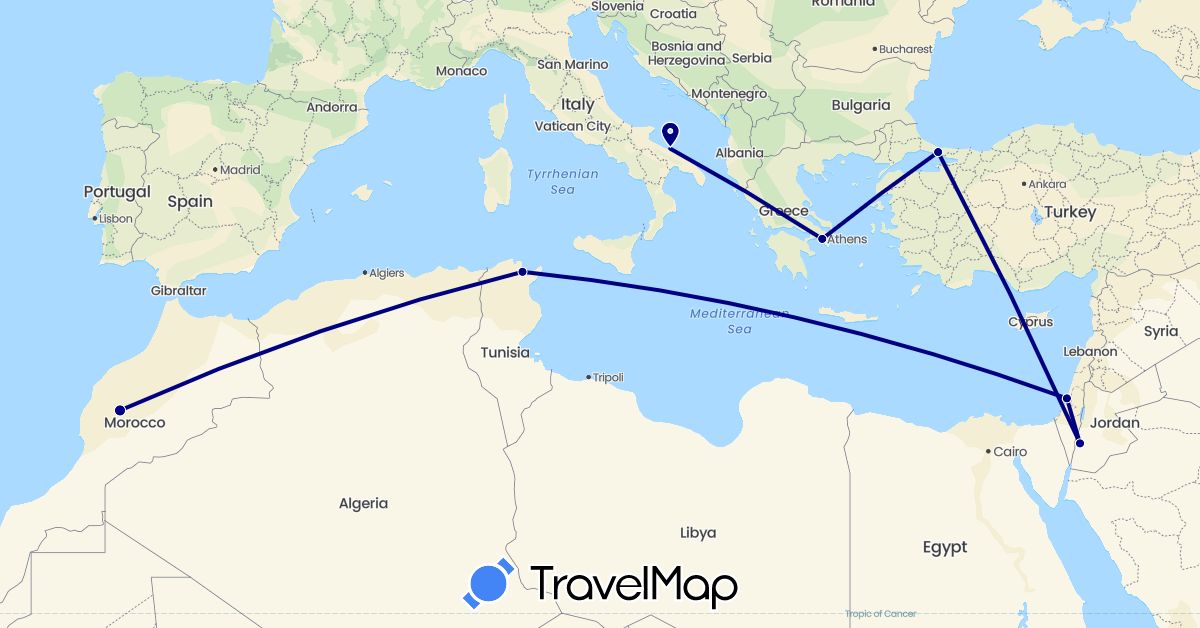 TravelMap itinerary: driving in Greece, Israel, Italy, Jordan, Morocco, Tunisia, Turkey (Africa, Asia, Europe)