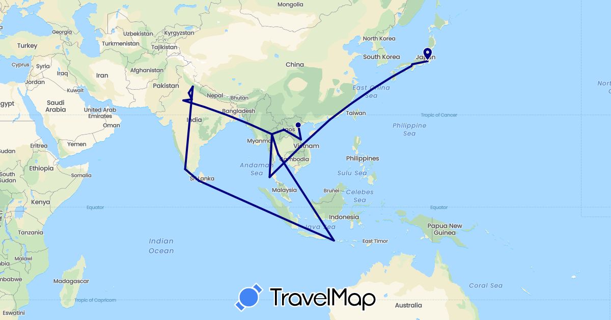 TravelMap itinerary: driving in China, Indonesia, India, Japan, Laos, Sri Lanka, Thailand, Vietnam (Asia)